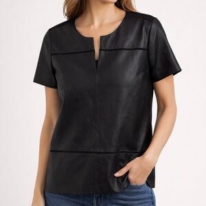 Ecru Black Leather Top Size S Short Sleeve Chic Minimalist Luxe Modern